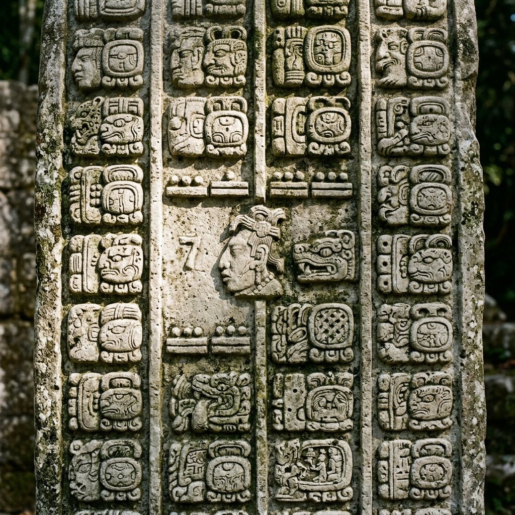 Close-up of ancient Maya hieroglyphic carvings on weathered limestone — dozens of individual glyph blocks arranged in a grid, each containing intricate faces, symbols, and abstract signs
