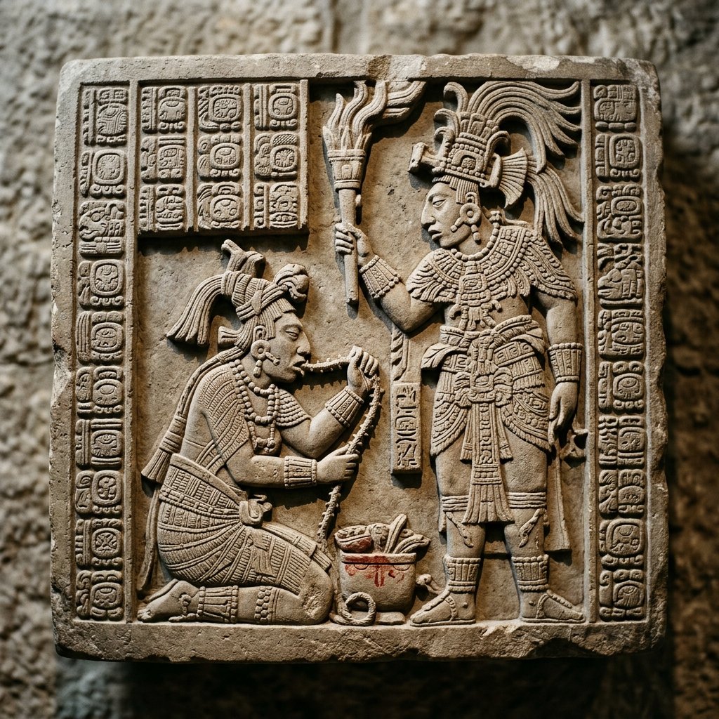 A carved Maya lintel from Yaxchilán showing a royal bloodletting ritual, demonstrating the artistic connection between Yaxchilán and its vassal Bonampak