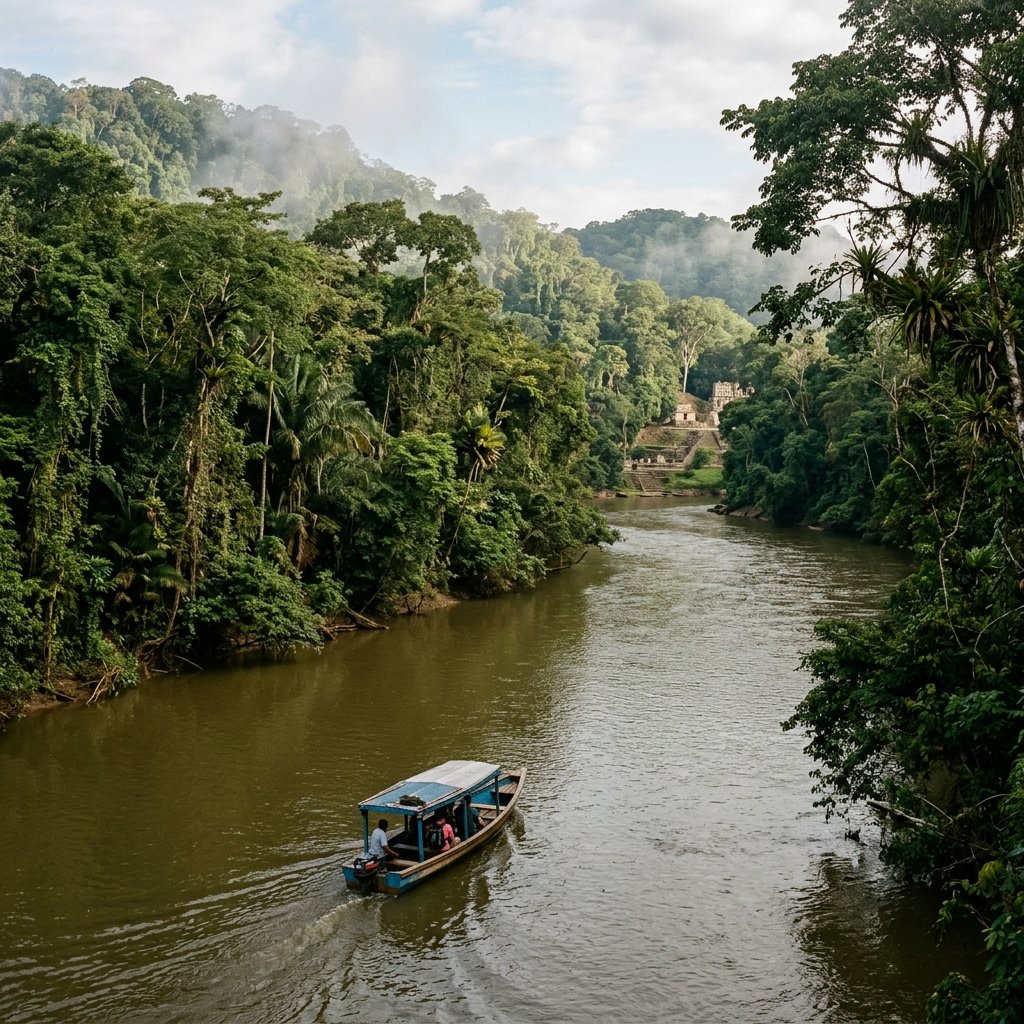 A small motorboat traveling down the wide, muddy Usumacinta River toward Yaxchilán, flanked by dense tropical rainforest