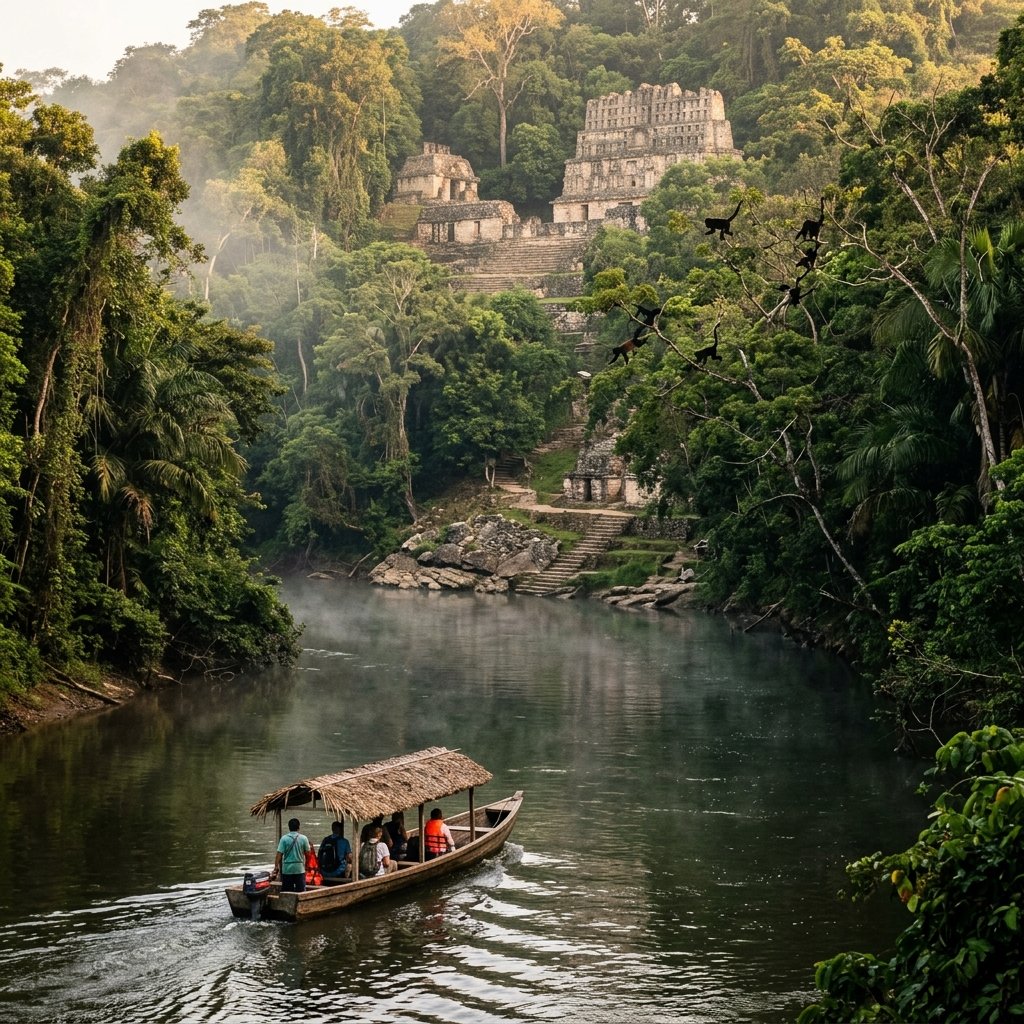 A boat approaching the ancient ruins of Yaxchilán on the Usumacinta River
