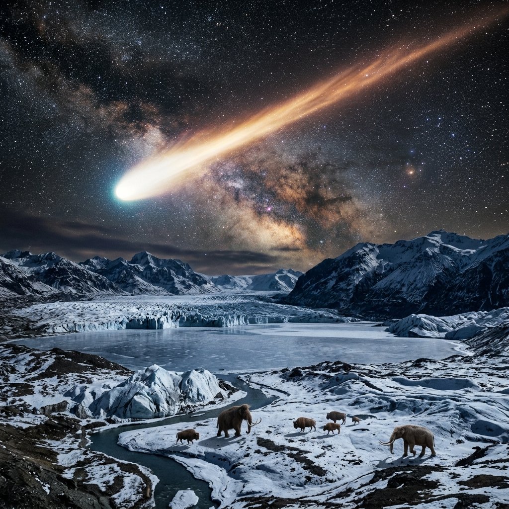 Dramatic depiction of a bright comet streaking across the night sky above glacial terrain — the Younger Dryas impact event 12,800 years ago