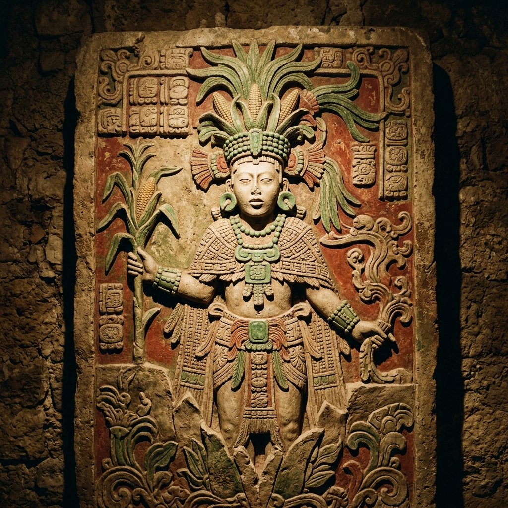 An ancient Maya carved stone relief of the Maize God as a beautiful young figure with an elongated head shaped like a corn cob, with jade ornaments and corn-leaf headdress