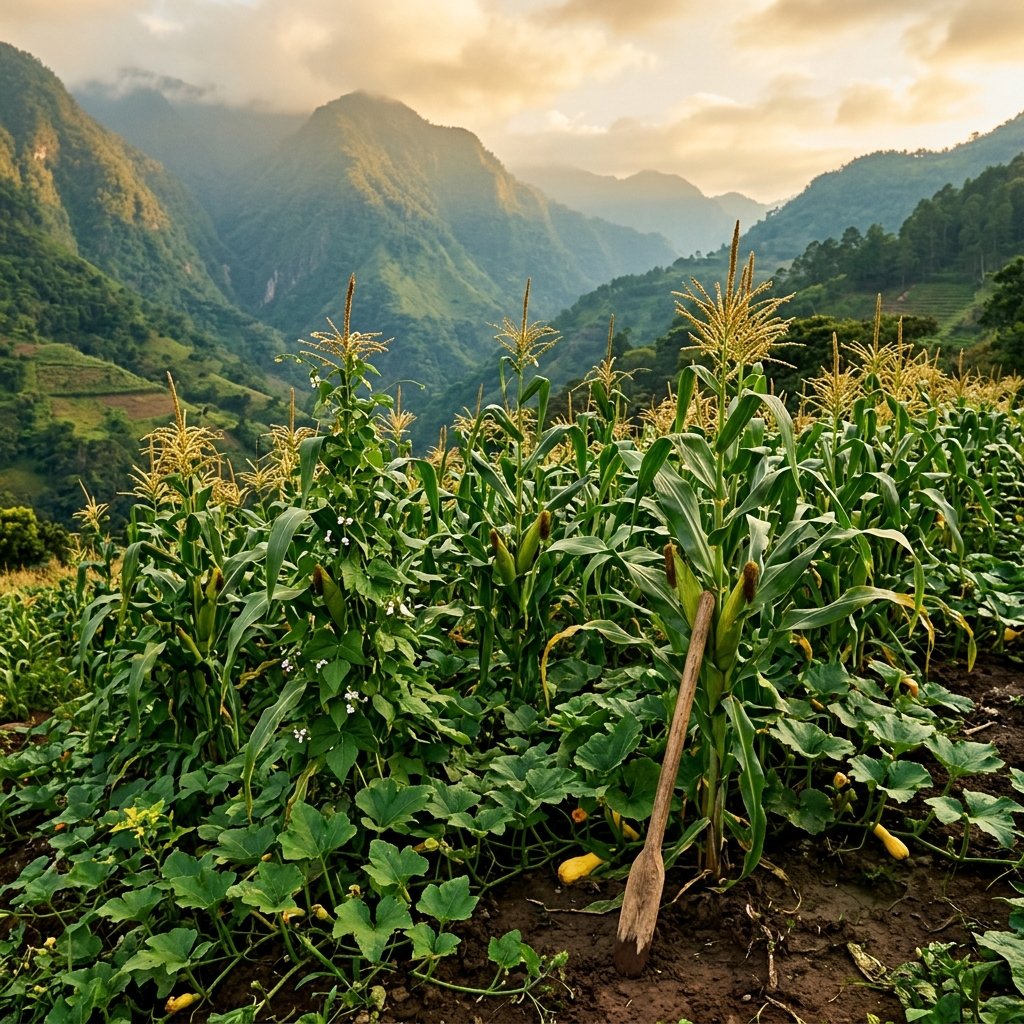 A traditional Maya milpa cornfield with tall mature maize stalks and golden tassels, growing alongside squash and bean plants, with misty green mountains in the background